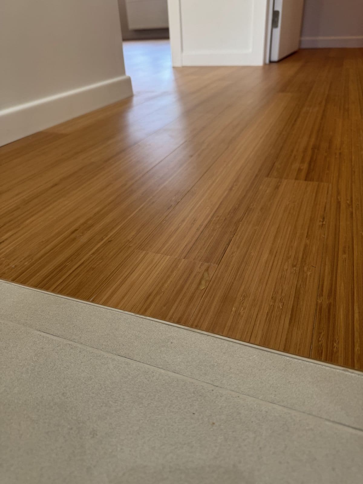 Le parquet ton bambou rejoint un seuil en pierre claire, vu de près